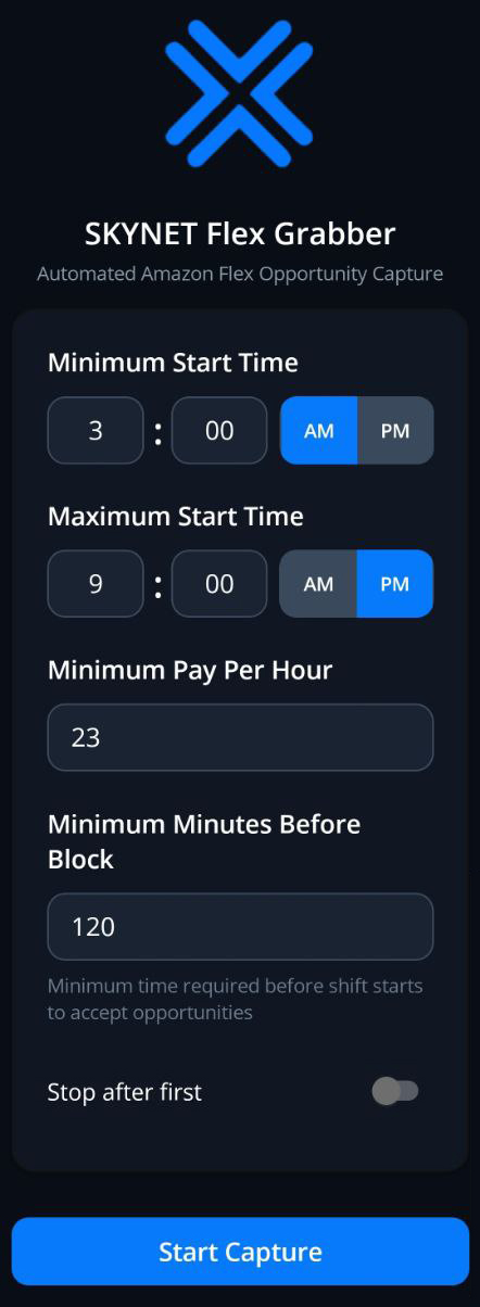 SKYNET Flex Grabber App Interface